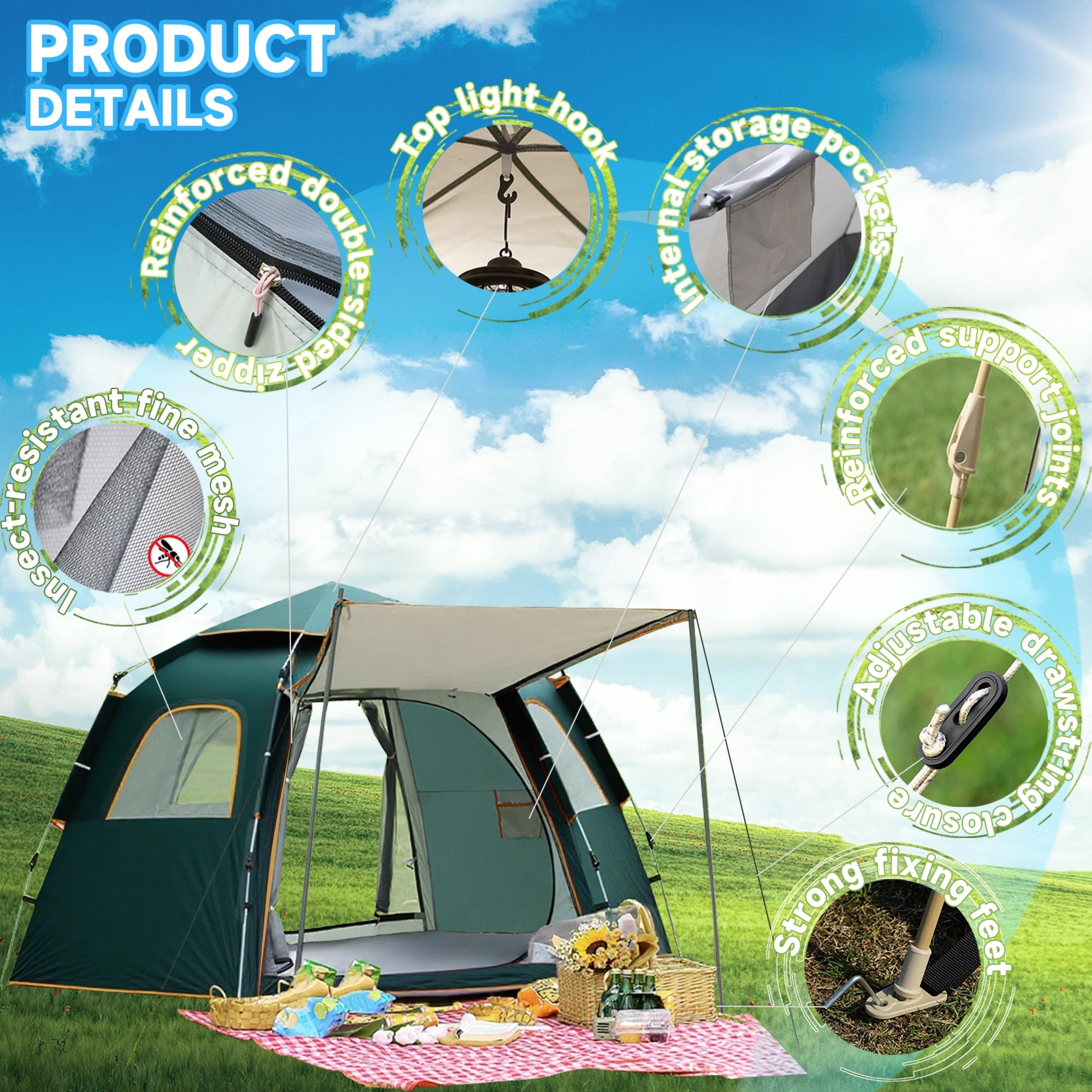 EZBY Tents for Camping,2-3 Person Instant Pop Up Camping Tent with Screen Porch,Removable Rainfly and Carry Bag for Camping Backpacking Hiking-Green