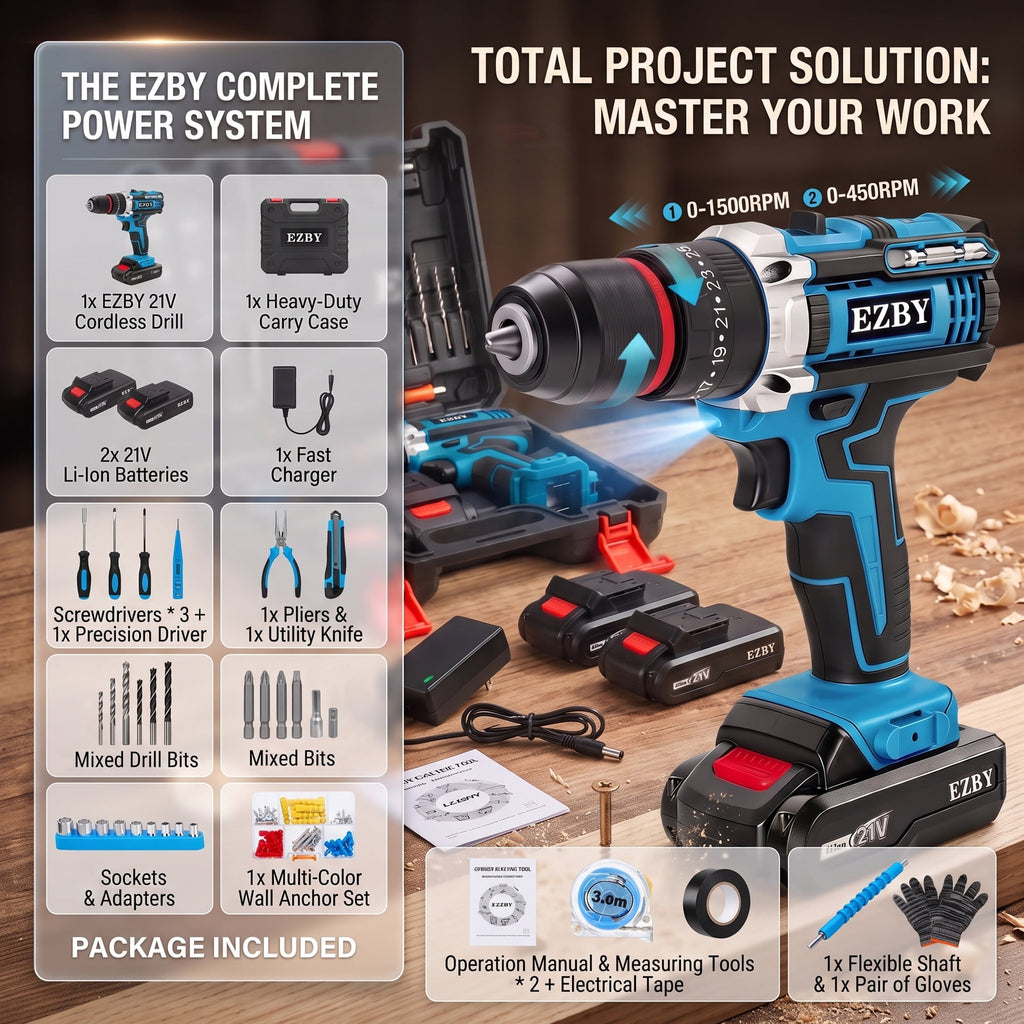 EZBY 21V Cordless Drill Set,Electric Power Drill Driver with 2 Batteries and Screw Kit,3/8" Keyless Chuck,2 Variable Speed, for Home Repair & DIY