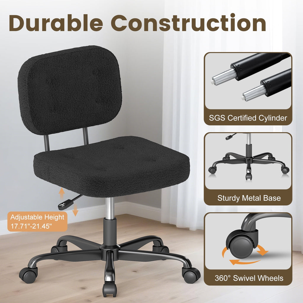 YERAIRR Armless Office Chair with Wide Seat,Teddy Fleece Fabric Home Computer Desk Chair Thickened Cushion Swivel Vanity Chair Black