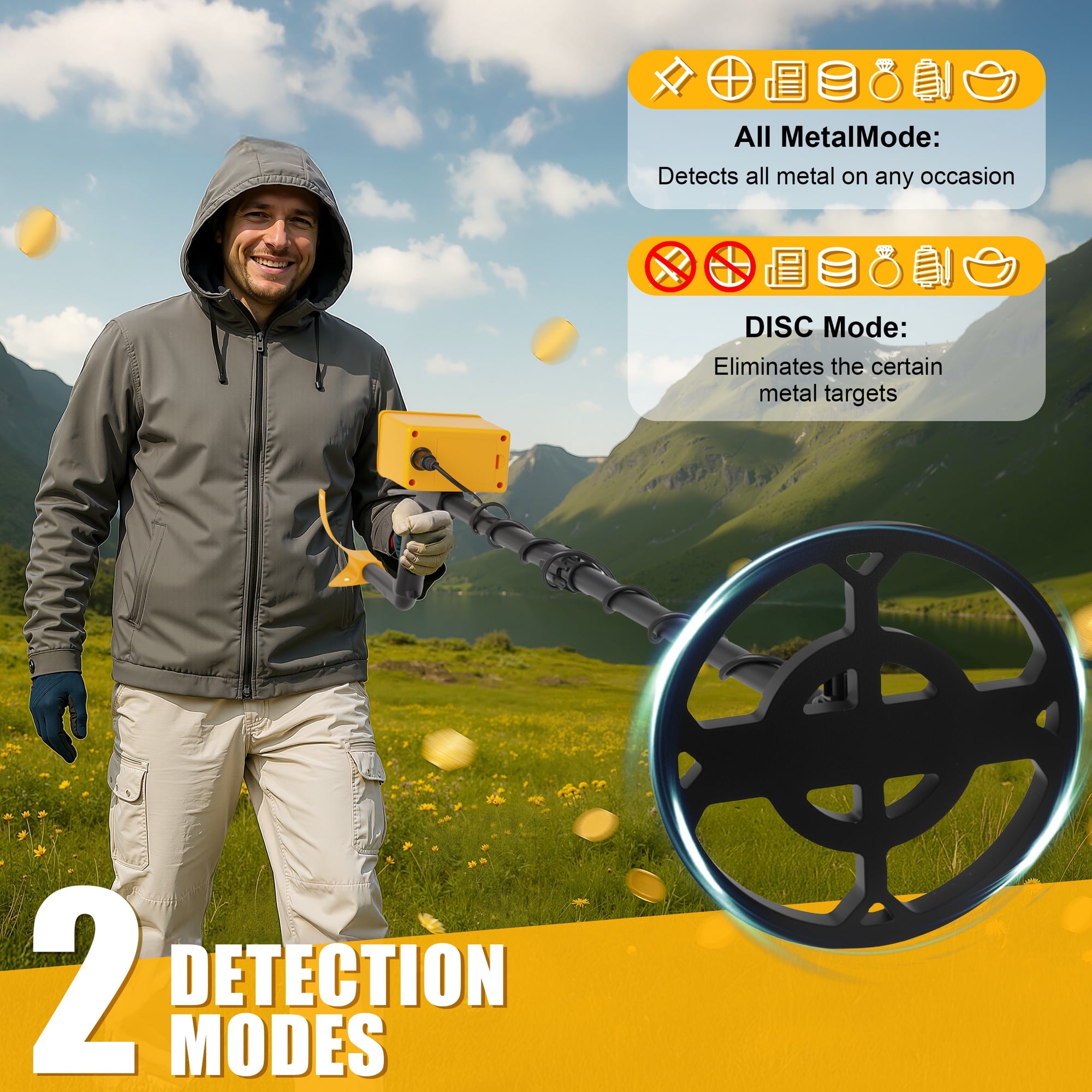 EZBY Metal Detector for Adults & Kids,High Precision Gold Digger with 2 Modes,6 Batteries, Adjustable 31"-44" Rod, Waterproof Search Coil & Rod to Hunt Treasure in Beach Backyard