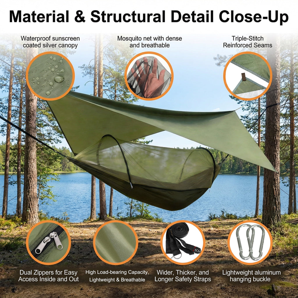 EZBY Camping Hammock with Net & Sunshade Tarp,2 Person Portable Hammocks for Outside,661lbs Max Load for Outdoor Camping Hiking Beach Park