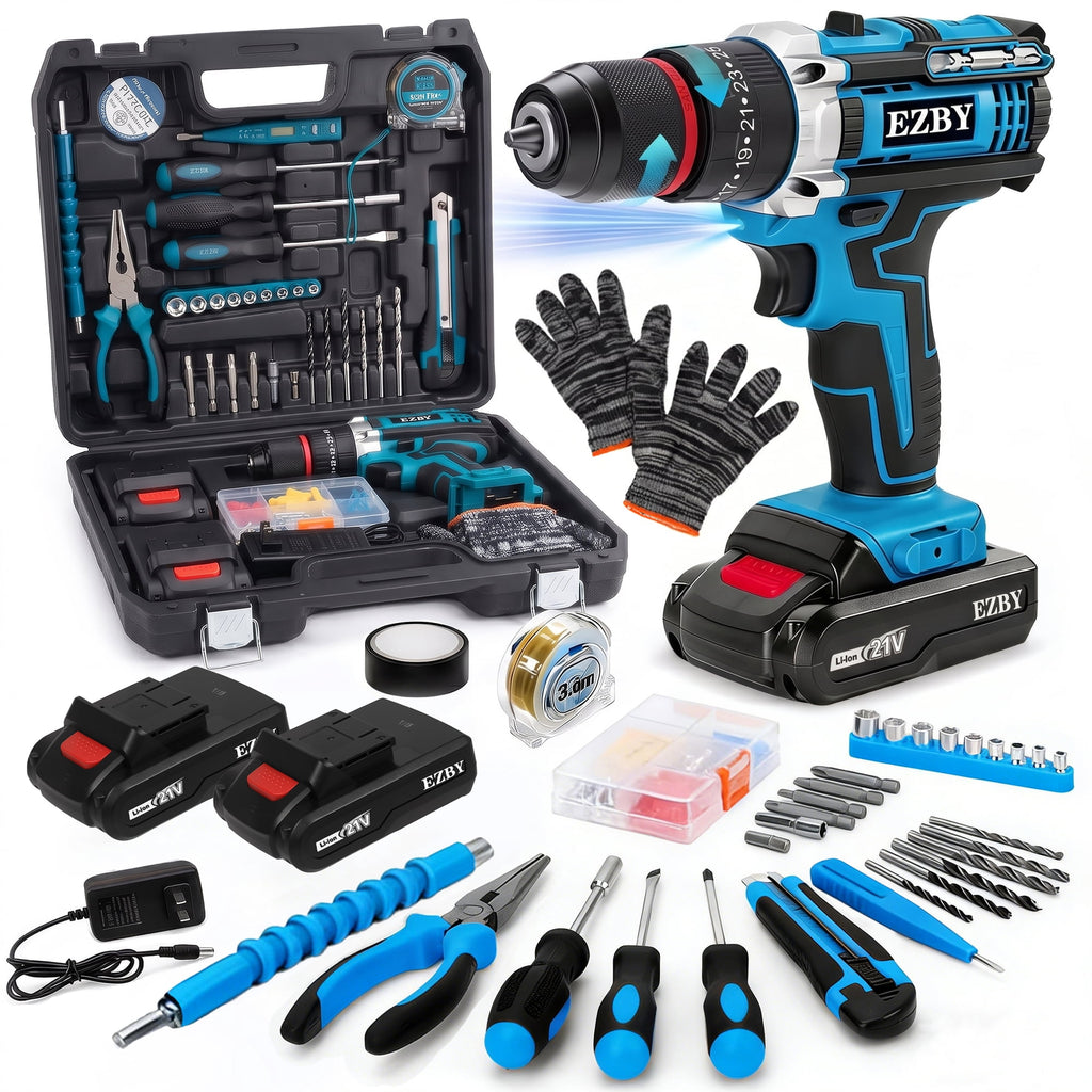 EZBY 21V Cordless Drill Set,Electric Power Drill Driver with 2 Batteries and Screw Kit,3/8" Keyless Chuck,2 Variable Speed, for Home Repair & DIY