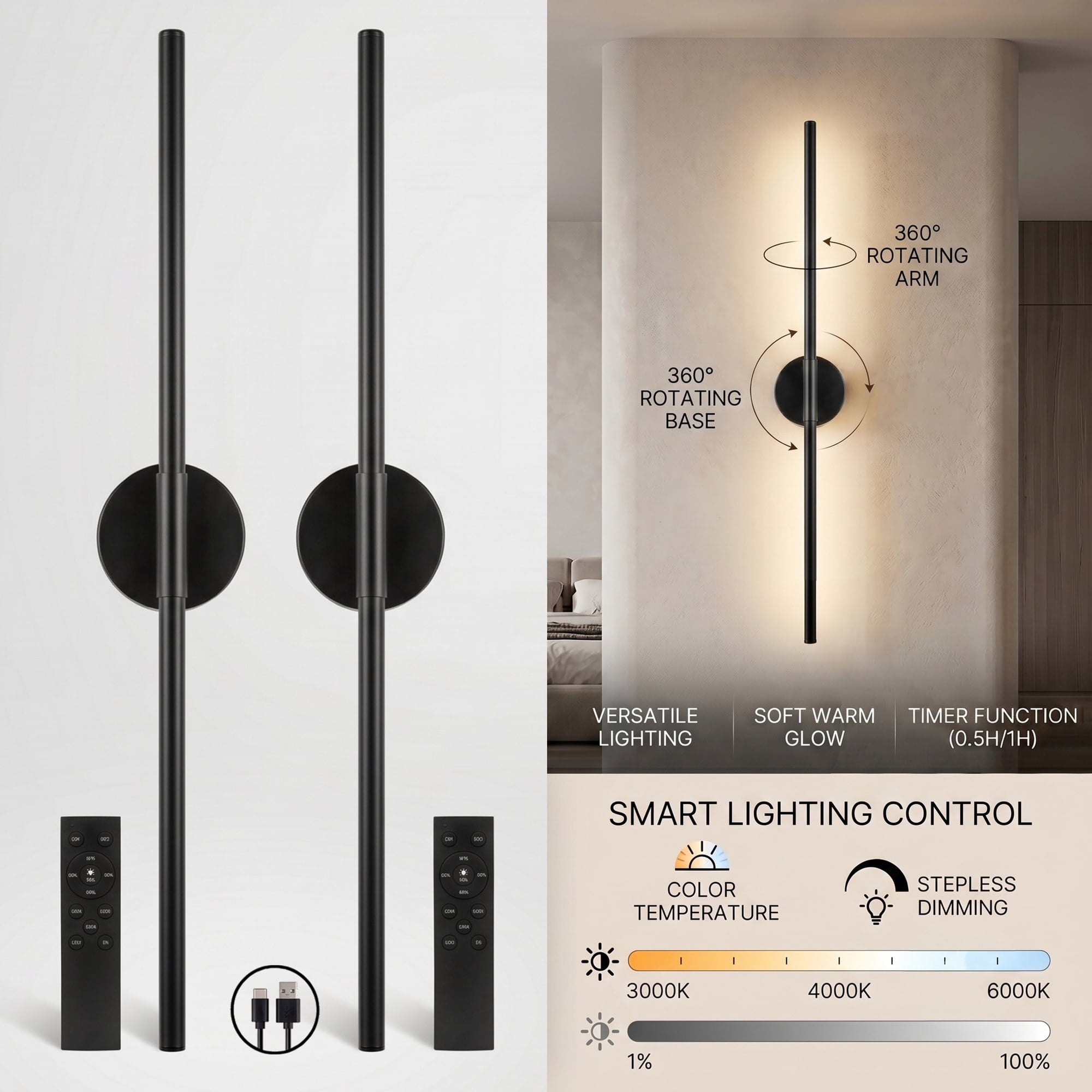 EZBY Battery Operated Wall Sconce, 5000mAh Wireless Rechargeable LED Wall Light with Remote, 360 Degree Rotatable Magnetic Base, 3 Color Dimmable Modern Lamp for Bedroom