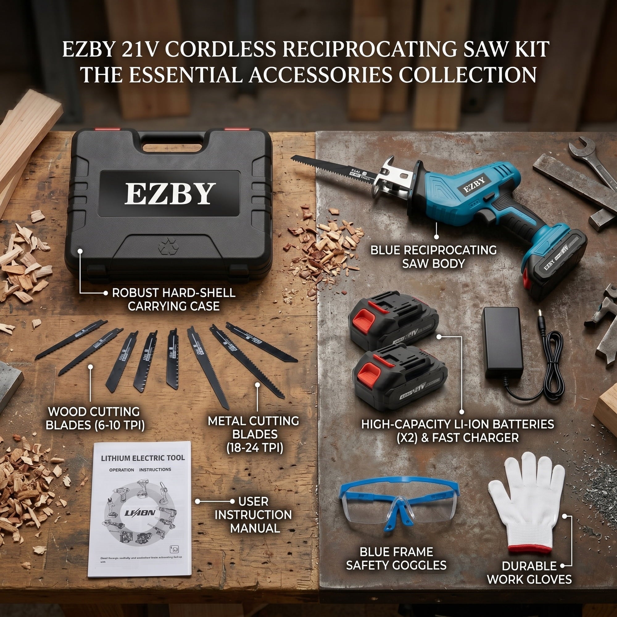 EZBY 21V Cordless Reciprocating Saw Kit, 3500 SPM Variable Speed One-Handed Power Saw with Dual 2.0Ah Batteries, Tool-Free Blade Change, 8 Alloy Blades for Wood and Metal Cutting