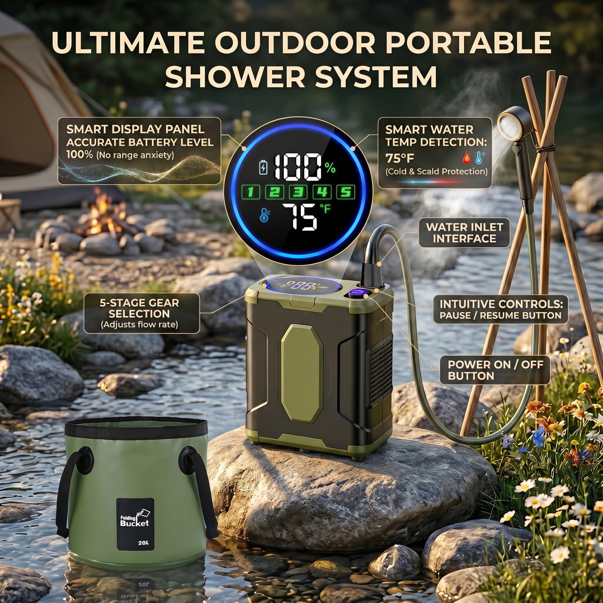 EZBY Portable Shower,10000mAh Shower Pump with Digital LCD,5 Pressure Settings,Temperature & Battery Display for Outdoor Camping,Travel,Pet Bath