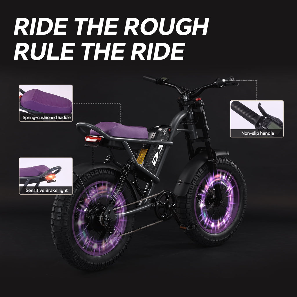 DRIFT.SLIDE D93 Pro Electric Bike for Adults, 1500W Peak Ebike, 20 Mountain Bike, 48V 20.8Ah Waterproof Removable Battery, 28 mph Max – Purple
