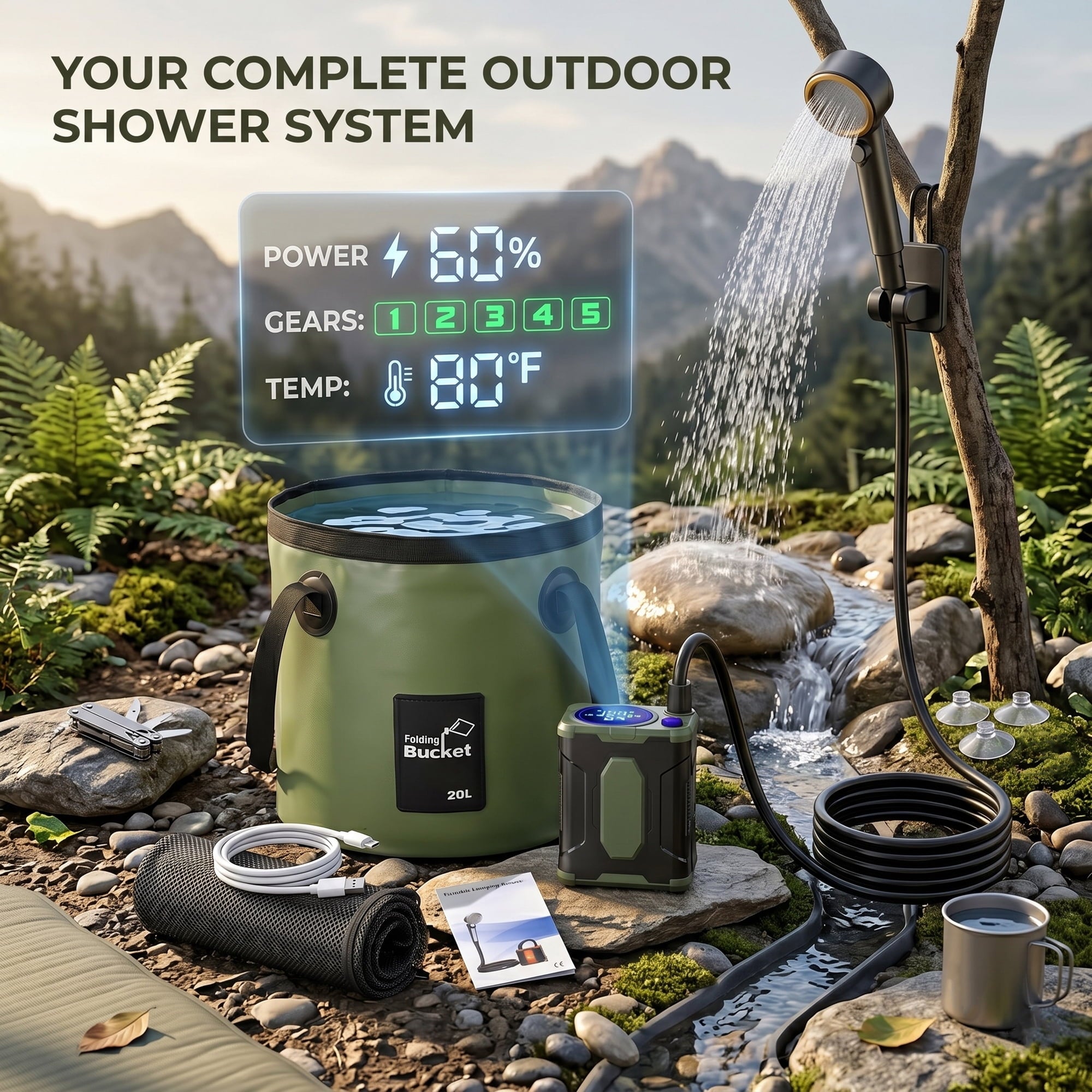 EZBY Portable Shower,10000mAh Shower Pump with Digital LCD,5 Pressure Settings,Temperature & Battery Display for Outdoor Camping,Travel,Pet Bath